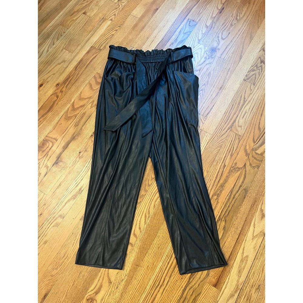 Ramy Brook Black Faux Leather Paperbag Waist Tie Belt Pants Large